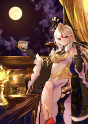  absurdres bad_leg blonde_hair china_dress chinese_clothes claw_(weapon) cloud cup dress elbow_gloves feet_out_of_frame female fur_collar genshin_impact gloves gold hair_ornament highres holding holding_cup lamp long_hair looking_at_viewer moon night night_sky ningguang_(genshin_impact) red_eyes sitting sky solo throne weapon white_dress you_cao_xi 