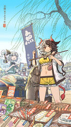  6+girls animal_ears animal_print architecture ascot back_bow backpack bag banner black_bow black_bowtie black_hair black_headwear black_ribbon black_vest blue_hair bow bowtie building character_print chinese_commentary chinese_text coin_purse commentary_request cow_ears cow_tail cowboy_shot dahuang day detached_sleeves dunkleosteus east_asian_architecture fish fish_print frilled_shorts frills green_headwear green_vest hair_bobbles hair_ornament hair_ribbon hair_tubes hairbow hakurei_reimu haori hat hat_bow high_collar highres hinanawi_tenshi holding horns human_village_(touhou) japanese_clothes kawashiro_nitori kirisame_marisa komeiji_satori konpaku_youmu konpaku_youmu_(ghost) long_hair market mermaid monster_girl multicolored_hair multiple_girls mushroom mystia_lorelei nagae_iku nobori oarfish open_mouth outdoors partially_translated pennant prehistoric_animal red_eyes red_hair red_horns red_shirt red_tail ribbon sekibanki shirt shopping short_hair short_sleeves shorts smile split-color_hair statue string_of_flags tail touhou translation_request tree two-tone_hair two_side_up ushizaki_urumi vest wakasagihime weighing_scale white_bow white_hair white_shirt wide_sleeves willow witch_hat yellow_ascot yellow_shirt yellow_shorts 