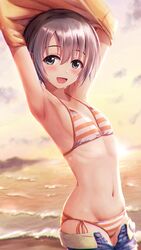  :d absurdres armpits arms_up bikini brown_hair collarbone denim denim_shorts female flat_chest grey_eyes hair_between_eyes halterneck highres idolmaster idolmaster_cinderella_girls looking_at_viewer masuku_(saint_mask) navel ocean open_mouth otokura_yuuki outdoors shirt short_hair short_shorts shorts side-tie_bikini_bottom smile solo standing string_bikini striped_bikini striped_clothes swimsuit unbuttoned undressing yellow_shirt 