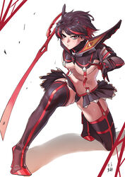  absurdres bad_id bad_pixiv_id black_footwear black_hair black_shirt black_skirt boots breasts closed_mouth commentary crop_top female gloves high_heels highres holding holding_sword holding_weapon jinlin kill_la_kill looking_at_viewer matoi_ryuuko medium_breasts miniskirt multicolored_hair navel red_eyes red_hair revealing_clothes scissor_blade_(kill_la_kill) senketsu shirt short_hair showgirl_skirt simple_background skirt solo stance streaked_hair suspenders sword thigh_boots thighhighs two-tone_hair underboob weapon white_background 