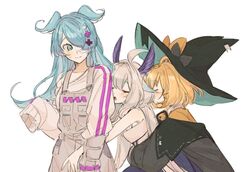  3girls :o ahoge black_coat blonde_hair blue_eyes blue_hair blue_skirt blush bob_cut cardigan closed_eyes coat dress elira_pendora elira_pendora_(1st_costume) enna_alouette eyelashes girl_sandwich gloves grey_gloves grey_overalls hair_over_one_eye hat head_wings large_hat long_hair millie_parfait mole multicolored_hair multiple_girls nijisanji nijisanji_en off_shoulder one_eye_covered open_mouth orange_cardigan overall_shorts overalls romiiii sandwiched shirt short_hair single_glove skirt sleeves_past_fingers sleeves_past_wrists sweat sweater very_long_hair virtual_youtuber white_background white_dress white_shirt white_sweater wings witch witch_hat 