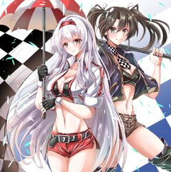  2girls adapted_costume ascot bandeau belt black_gloves black_jacket boots breasts brown_eyes brown_hair brown_shorts checkered_ascot checkered_flag cleavage commentary_request cowboy_shot cropped_jacket fingerless_gloves flag gloves green_eyes grey_legwear groin hairband highres jacket kantai_collection kentan_(kingtaiki) large_breasts long_hair looking_at_viewer medium_breasts multiple_girls navel race_queen red_shorts shorts shoukaku_(kancolle) standing thigh_boots thighhighs twintails umbrella white_hair white_jacket zuikaku_(kancolle) 