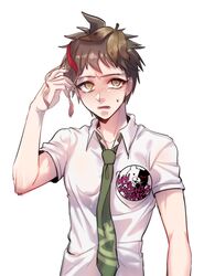  1boy ahoge banana_peel blush brown_hair character_print collarbone collared_shirt commentary_request danganronpa_(series) danganronpa_2:_goodbye_despair green_necktie gwanlamcha hand_up highres hinata_hajime korean_commentary looking_at_viewer male_focus monokuma necktie open_mouth red_ribbon ribbon school_uniform shirt short_hair short_sleeves simple_background solo sweatdrop upper_body white_background white_shirt yellow_eyes 