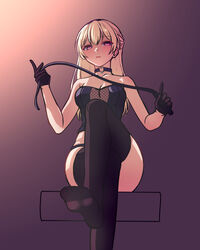  bang_dream! bare_shoulders black_gloves black_panties black_thighhighs blonde_hair blush breasts cleavage closed_mouth commentary corset crossed_legs dominatrix feet female fishnets foot_focus foot_out_of_frame foreshortening from_below frown gloves gradient_background half_updo highres holding holding_whip lips long_hair looking_at_viewer looking_down medium_breasts no_shoes panties panty_straps ptal purple_background purple_eyes serious shirasagi_chisato sitting sleeveless soles solo thighhighs underwear whip 