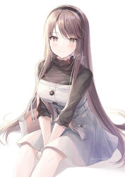  bad_id bad_pixiv_id bag between_legs black_hairband black_shirt blush brown_eyes brown_hair commentary dress feet_out_of_frame female frills hairband hand_between_legs kagachi_saku long_hair long_sleeves looking_at_viewer original parted_bangs pink_bag shirt simple_background sitting smile solo white_background white_dress 