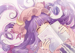  blush book bow character_name closed_eyes commentary covering_own_mouth crescent crescent_hat_ornament crescent_pin english_text female flustered hairbow hat hat_ornament hat_ribbon holding holding_book kyouda_suzuka long_hair long_sleeves lying mob_cap nail_polish on_back open_book patchouli_knowledge purple_hair red_bow red_ribbon ribbon solo sparkle striped striped_background touhou upper_body very_long_hair 