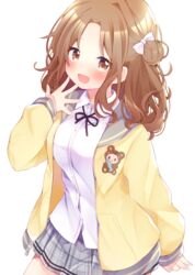  animal_print bear_print black_ribbon blush bow breasts brown_eyes brown_hair cardigan commentary_request eringikinono female grey_skirt hair_bun hair_ribbon hairbow highres ichikawa_hinana idolmaster idolmaster_shiny_colors long_hair long_sleeves looking_at_viewer neck_ribbon open_cardigan open_clothes open_mouth parted_bangs pleated_skirt ribbon school_uniform shirt simple_background single_hair_bun single_side_bun skirt sleeves_past_wrists smile solo white_background white_bow white_shirt yellow_cardigan 