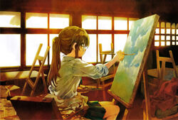  absurdres art_brush brown_eyes brown_hair canvas_(object) classroom clothes_around_waist easel female from_side ga_geijutsuka_art_design_class glance glasses green_skirt highres holding holding_paintbrush indoors jacket jacket_around_waist kiyuzuki_satoko long_hair looking_at_viewer non-web_source off_shoulder official_art paint_tube paintbrush painting_(action) palette_(object) pleated_skirt ponytail round_eyewear school_uniform shirt sitting skirt sleeves_rolled_up solo twilight white_shirt window yamaguchi_kisaragi 