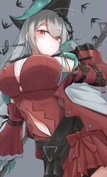  :&lt; aoi_mochio aqua_gloves aqua_hat arknights ascot black_ascot black_sash breasts closed_mouth clothing_cutout dress female from_below gloves grey_hair hat highres large_breasts looking_at_viewer looking_down navel_cutout official_alternate_costume pointy_hat red_dress red_eyes sash skadi_(arknights) skadi_the_corrupting_heart_(arknights) solo two-tone_gloves 