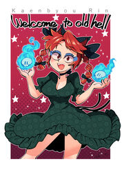  :d animal_ears braid breasts carte cat_ears cat_tail character_name cleavage contrapposto dress english_text extra_ears female frilled_dress frilled_sleeves frills green_dress highres juliet_sleeves kaenbyou_rin long_hair long_sleeves mary_janes multiple_tails puffy_sleeves red_eyes red_hair shoes smile solo tail touhou twin_braids 