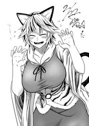  animal_ears animal_print blush breasts cat_day cat_ears cat_girl cat_tail claw_pose closed_mouth collarbone commentary_request corset dress facing_viewer fake_animal_ears fangs female flying_sweatdrops greyscale hairband hands_up huge_breasts kemonomimi_mode koyubi_(littlefinger1988) monochrome multicolored_hair open_mouth short_hair smile solo streaked_hair tail taut_clothes taut_dress tiger_print toramaru_shou touhou wide_sleeves 