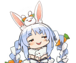  animal_ear_fluff animal_ears black_leotard blue_hair bow braid carrot_hair_ornament chibi commentary_request detached_sleeves don-chan_(usada_pekora) dress female food-themed_hair_ornament hair_ornament hairbow half-closed_eyes hololive itsuki_tasuku leotard long_hair looking_away looking_to_the_side multicolored_hair on_head open_mouth pekomon_(usada_pekora) puffy_short_sleeves puffy_sleeves rabbit_ears red_eyes short_eyebrows short_sleeves simple_background smug solo_focus strapless strapless_dress strapless_leotard thick_eyebrows twin_braids twintails two-tone_hair upper_body usada_pekora usada_pekora_(1st_costume) virtual_youtuber white_background white_bow white_dress white_hair white_sleeves 