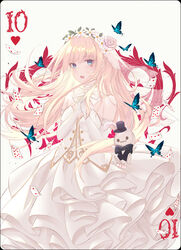  alice_(alice_in_wonderland) alice_in_wonderland bad_id bad_pixiv_id blonde_hair blue_eyes bride bug butterfly card dress elbow_gloves female fingerless_gloves flower gloves hair_flower hair_ornament hat highres long_hair looking_at_viewer merry_hearm open_mouth playing_card poker ribbon simple_background smile solo wedding_dress white_background white_flower white_gloves 