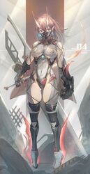  absurdres azur_lane bare_shoulders bodysuit breasts character_name female full_body gauntlets highleg highres horns izumo_(azur_lane) katana large_breasts long_hair mask oni pointy_ears purple_hair red_eyes sakura_empire_(emblem) skin-covered_horns skin_tight skindentation solo sword weapon white_bodysuit yusha_m 