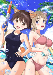  2girls animal_ears beach bikini blue_eyes blue_one-piece_swimsuit blush braid braided_ponytail breasts brown_eyes brown_hair cat_ears cat_tail covered_navel dog_ears dog_tail highres large_breasts long_hair lynette_bishop miyafuji_yoshika multiple_girls naruchisukisuki navel ocean one-piece_swimsuit open_mouth outdoors palm_tree pink_bikini short_hair sky smile strike_witches swimsuit tail tree water_gun world_witches_series 