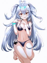  absurdres ahoge antenna_hair aqua_ribbon bikini black_bra black_panties blue_hair blue_ribbon bra breasts chanpower233 character_doll cleavage designer_lilibet_(epic_seven) epic_seven feet female hair_between_eyes heart heart_ahoge heart_hands highres lilibet_(epic_seven) long_hair medium_breasts nail_polish o-ring o-ring_bikini panties parted_lips ribbon side-tie_bikini_bottom sitting stomach swimsuit thighs triangle_hair_ornament two_side_up underwear wariza yellow_eyes 