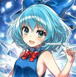  adapted_costume blue_eyes blue_hair blue_ribbon blush breasts chacham cirno female hair_ribbon open_mouth ribbon short_hair sideboob small_breasts smile solo tongue touhou twitter_username upper_body 