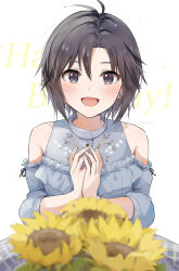  :d antenna_hair bare_shoulders birthday black_eyes black_hair blurry blurry_foreground blush bouquet clothing_cutout commentary depth_of_field dress earrings female flower frilled_dress frills grey_dress hair_between_eyes happy_birthday idolmaster idolmaster_(classic) jewelry kikuchi_makoto looking_at_viewer mogskg open_mouth own_hands_together short_hair shoulder_cutout simple_background smile solo sunflower upper_body white_background yellow_flower 