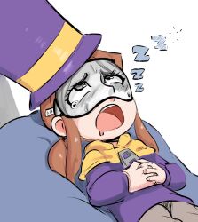  a_hat_in_time bean_bag_chair brown_hair cape commentary english_commentary female grey_pants hat hat_kid jacket long_hair long_sleeves meme_attire open_mouth own_hands_together pants ponytail purple_hat purple_jacket sleep_mask sleeping solo spicy_bardo top_hat yellow_cape zipper_pull_tab zzz 