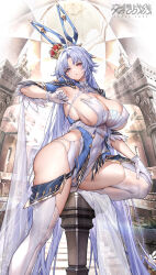  +_+ absurdly_long_hair absurdres animal_ears armpits blue_hair boots breasts character_request commentary_request covered_navel cross-shaped_pupils crosscore crown facial_mark fake_animal_ears female gloves high_heel_boots high_heels highres huge_breasts impossible_clothes impossible_leotard leotard long_hair looking_at_viewer mini_crown official_art open_mouth rabbit_ears red_eyes solo surfing_orange symbol-shaped_pupils thick_thighs thigh_boots thighs very_long_hair white_gloves 