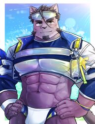  1boy abs animal_ears animal_nose armlet artist_request bara beard black_eyebrows black_hair blue_sky bulge cat_ears cat_tail closed_mouth eyewear_on_head facial_hair feline furry furry_male groin highres jacket jewelry large_pectorals lightstick live_a_hero male_focus male_swimwear pectorals purple_fur scarf short_hair sky smile splashing strap sunglasses sunlight swim_briefs tail thick_eyebrows translucent_swimsuit tsuneaki_(live_a_hero) water water_drop wet white_jacket white_male_swimwear yellow_eyes 