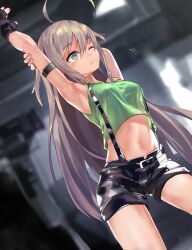  absurdres ahoge armpits arms_up blush breasts crop_top female grey_eyes grey_hair highres hoshi_syoko huge_ahoge idolmaster idolmaster_cinderella_girls long_hair looking_to_the_side medium_breasts navel one_eye_closed short_shorts shorts solo stretching suspender_shorts suspenders takesoboro very_long_hair 