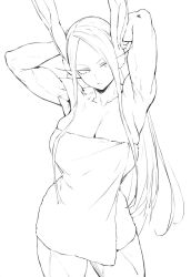  animal_ear_gloves animal_ears armpits arms_behind_head arms_up biceps boku_no_hero_academia breasts female highres large_breasts line_art long_eyelashes long_hair mirko muscular muscular_female naked_towel parallaxfused parted_bangs rabbit_ears rabbit_girl simple_background solo thick_thighs thighs towel white_background white_hair 