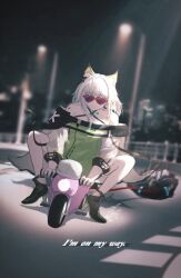  1other animal_ear_fluff animal_ears arknights bare_shoulders black_footwear black_jacket blurry blurry_background closed_eyes doctor_(arknights) dragging dress english_text female green_dress heart heart-shaped_eyewear high_heels jacket kal&#039;tsit_(arknights) lamppost long_sleeves material_growth mebe_(teadia_violet) medium_hair night off_shoulder oripathy_lesion_(arknights) outdoors road shoes white_hair white_sleeves 