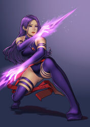  absurdres breasts bridal_gauntlets elbow_gloves energy_blade female gloves gradient_hair grey_eyes halter_leotard halterneck highleg highleg_leotard highres jewelry large_breasts leotard long_hair looking_at_viewer makeup marvel multicolored_hair necklace psylocke purple_eyes purple_hair purple_leotard red_sash sash solo spider-man superhero_costume thighhighs tre_artz waist_sash x-men 