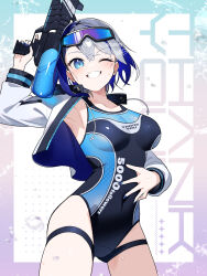  bare_shoulders blue_eyes blue_hair blue_nails breasts breasts_apart collarbone colored_inner_hair competition_swimsuit covered_navel cowboy_shot cropped_jacket eyewear_on_head female grey_hair grin highres jacket kazune_rain looking_at_viewer medium_breasts medium_hair multicolored_hair one-piece_swimsuit one_eye_closed open_clothes open_jacket original simple_background smile solo sunglasses swimsuit water_gun 