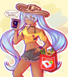  beer_bottle blue_eyes blue_hair bra_strap cellphone colombia colombian_flag dark-skinned_female dark_skin denim denim_shorts fake_nails female food hand_on_own_hip hat hatsune_miku highres holding holding_phone navel off_shoulder outline phone product_placement red_bag red_nails shorts smartphone sophiiedraws spanish_text tan tanlines torn_clothes torn_shorts vocaloid 