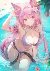  absurdres adjusting_eyewear animal_ears arm_at_side arm_garter arm_up bare_shoulders beach bikini blurry breasts cleavage day depth_of_field dot_nose double_bun english_commentary female flower frilled_bikini frills hair_bun hair_flower hair_ornament highres indie_virtual_youtuber inksie_(vtuber) kagefumi large_breasts leaning_forward legs_together long_hair looking_at_viewer medium_bangs navel pink_eyes pink_hair pinky_out purple_bikini red_flower sand smile solo standing standing_on_one_leg starfish straight_hair swimsuit tail wading water wet white_flower wolf_ears wolf_girl wolf_tail 