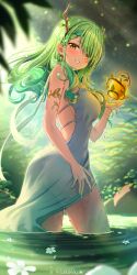  artist_name bare_shoulders blurry blurry_background blush breasts ceres_fauna dress forest green_hair highres hololive hololive_english large_breasts mole mole_under_eye nature outdoors parted_lips partially_submerged pattikou pink_lips virtual_youtuber water white_dress yellow_eyes 