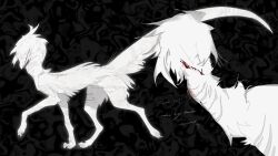  abstract_background animal_feet animal_focus blood blood_on_face blood_on_mouth creature english_text full_body highres kamikiririp monster monster_focus original solo upper_body white_fur white_hair white_tail 