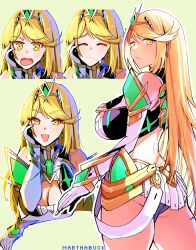  absurdres ass bare_legs bare_shoulders blonde_hair breasts chest_jewel cleavage cleavage_cutout clothing_cutout core_crystal_(xenoblade) cowboy_shot dress earrings expressions female from_behind hand_on_own_face highres jewelry large_breasts long_hair looking_at_viewer looking_back marthabucks microdress multiple_views mythra_(xenoblade) star_(symbol) star_earrings tiara xenoblade_chronicles_(series) xenoblade_chronicles_2 