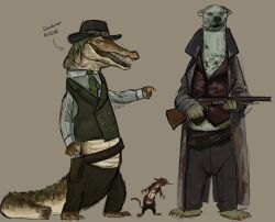  2024 abovesn4kes alligator alligatorid alternate_species anthro bear biped cleet_(red_dead) clothed clothing colm_o&#039;driscoll countershade_face countershade_tail countershading crocodilian furrification group gun hat headgear headwear holding_gun holding_object holding_ranged_weapon holding_weapon joe_(red_dead) male mammal mustelid musteline open_mouth polar_bear ranged_weapon red_dead_(series) reptile rockstar_games scalie size_difference tail trio true_musteline ursine weapon weasel 