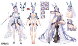  +_+ absurdly_long_hair absurdres animal_ears armpits blue_hair boots breasts character_request commentary_request covered_navel cross-shaped_pupils crosscore crown expressions fake_animal_ears female full_body gloves high_heel_boots high_heels highres huge_breasts impossible_clothes impossible_leotard leotard long_hair looking_at_viewer mini_crown multiple_views official_art open_mouth rabbit_ears red_eyes reference_sheet sideboob simple_background standing surfing_orange symbol-shaped_pupils thick_thighs thigh_boots thighs very_long_hair white_background white_gloves 