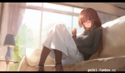  backlighting breasts brown_eyes brown_hair couch covered_nipples dress fanbox_username female glasses highres indoors knees_together_feet_apart lamp large_breasts long_hair looking_at_viewer original paid_reward_available polki smile solo table tareme turtleneck window 