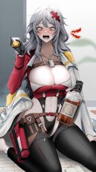  absurdres alcohol bandeau belt_pouch black_gloves blush breasts chaps chest_strap cleavage clothing_cutout coat coat_on_shoulders cropped_jacket dog_tags drunk female glass gloves goddess_of_victory:_nikke grey_hair hair_between_eyes hair_ornament hairclip highres jacket large_breasts leotard long_hair messy_hair navel navel_cutout pouch red_bandeau red_jacket scotch_whisky sharp_teeth solo stomach_cutout teeth whiskey white_coat yellow_eyes ymr_yamero yulha_(nikke) 