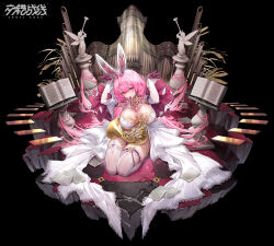  absurdres animal_ears blush breasts character_request checkered_floor crosscore facial_mark fake_animal_ears female gloves highres impossible_clothes impossible_leotard instrument large_breasts leotard long_hair looking_at_viewer official_art pink_eyes pink_gemstone pink_gloves pink_hair rabbit_ears rabbit_pose saxophone seiza sitting solo surfing_orange thick_thighs thighhighs thighs white_thighhighs 