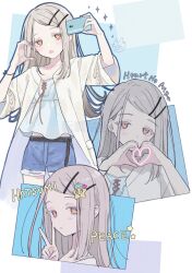  belt black_belt blonde_hair blue_background blush camisole denim denim_shorts ear_piercing english_text female gakuen_idolmaster gradient_hair grey_hair hair_ornament hair_tie_on_wrist hairclip half-heart_hands heart heart_hands highres idolmaster jacket looking_at_viewer multicolored_hair multiple_views muta_(82y_46p) open_clothes open_jacket open_mouth orange_eyes piercing selfie shinosawa_hiro short_shorts shorts signature sparkle star_(symbol) star_hair_ornament swept_bangs v watermark white_background white_camisole white_jacket 