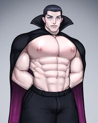  abs biceps big_arms big_biceps big_pecs blue_eyes bodybuilder broad_shoulders bulge cape classy curvy dad_bod dilf dracula_(hotel_transylvania) eight_pack external_oblique fangs hands_behind_back hip_lines hotel_transylvania huge_pecs kappibara light_blue_eyes looking_at_viewer male male_nipples male_only mantle muscles muscular muscular_male oblique_edge pants pecs serratus_anterior shirtless_male sleek_back solo solo_male standing stomach_lines suit topless vampire wide_shoulders 