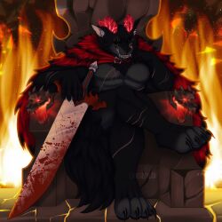  1:1 absurd_res anthro blood bodily_fluids canid canine canis demon dominant fire ganzalo hell hi_res male mammal melee_weapon muscular mythological_canine mythological_creature mythology scar solo sword weapon werecanid werecanine werecreature werewolf wolf 