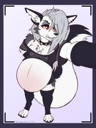  2024 3:4 anthro armwear belly_blush big_tail black_armwear black_border black_clothing black_collar black_legwear black_nose black_topwear blush body_blush border breasts camera_view canid canid_demon canine chest_tuft clothing collar dansharkman demon digital_drawing_(artwork) digital_media_(artwork) ear_piercing ear_ring english_description eyebrow_piercing eyebrow_ring facial_piercing female fur grey_body grey_fur grey_hair hair hair_over_eye hellaverse hellhound helluva_boss hi_res hyper hyper_pregnancy inner_ear_fluff legwear long_hair looking_at_viewer loona_(helluva_boss) mammal mythological_canine mythological_creature mythology notched_ear piercing pregnant pregnant_anthro pregnant_female purple_background red_sclera redraw ring_piercing selfie simple_background solo spiked_collar spikes standing tail taking_picture taking_selfie topwear tuft wearing_collar white_body white_eyes white_fur white_inner_ear white_inner_ear_fluff 