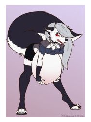  2023 3:4 4_toes 5_fingers anthro belly belly_blush big_belly big_tail black_bottomwear black_clothing black_collar black_fingerless_gloves black_gloves black_handwear black_legwear black_nose black_shorts black_thigh_highs blush body_blush border bottomwear canid canid_demon canine clothing collar crop_top dansharkman demon digital_drawing_(artwork) digital_media_(artwork) digitigrade ear_piercing ear_ring english_description eyebrow_piercing eyebrow_ring facial_piercing feet female fingerless_gloves fingers fur gloves grey_body grey_clothing grey_crop_top grey_fur grey_hair grey_shirt grey_topwear hair hair_over_eye hand_on_belly hand_on_own_belly handwear hellaverse hellhound helluva_boss hi_res huge_belly humanoid_hands hyper hyper_pregnancy inner_ear_fluff leaning leaning_forward legwear long_hair loona_(helluva_boss) mammal mythological_canine mythological_creature mythology navel open_mouth outie_navel pentagram_top piercing pink_tongue pregnant purple_background red_sclera ring_piercing shirt shorts simple_background solo spiked_collar spikes struggling tail thigh_highs toes tongue tongue_out topwear tuft wearing_collar white_body white_border white_eyes white_fur white_inner_ear_fluff 
