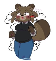  absurd_res after_transformation anthro big_breasts blush breast_growth breasts brown_body brown_fur canid canine clothed clothing embarrassed female fluffy fluffy_tail fur gender_transformation growth hi_res instant_transformation male mammal mtf_crossgender owen_fursona owen_nyo raccoon_dog rule_63 simple_background solo surprised tail tanuki transformation 