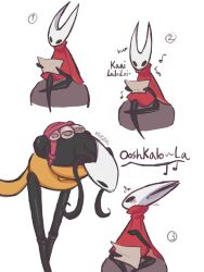  3:4 antennae_(anatomy) anthro arthropod ass bent_over blush cloak clothing digital_drawing_(artwork) digital_media_(artwork) duo embarrassed english_text featureless_chest featureless_crotch female female/female flat_chested happy hi_res hollow_knight:_silksong hollow_knight_(franchise) hornet_(hollow_knight) line_art looking_at_another love motion_lines narrowed_eyes number numbered_sequence on_rock onomatopoeia paper puffypoffin reading reading_paper red_cloak red_clothing rock segmented_body shakra_(hollow_knight:_silksong) signature simple_background singing sitting sitting_on_rock sound_effects standing surprised tail team_cherry text topwear 