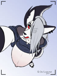  2021 3:4 anthro armwear belly_blush black_armwear black_clothing black_crop_top black_shirt black_topwear blush body_blush camera_flash canid canid_demon canine clothing crop_top dansharkman demon digital_drawing_(artwork) digital_media_(artwork) ear_piercing ear_ring english_description eyebrow_piercing eyebrow_ring facial_piercing female fur grey_hair hair hair_over_eye hellaverse hellhound helluva_boss hi_res high-angle_view hyper hyper_pregnancy long_hair looking_at_viewer looking_up looking_up_at_viewer loona_(helluva_boss) mammal mythological_canine mythological_creature mythology navel notched_ear open_mouth outie_navel piercing pregnant pregnant_anthro pregnant_female pupils red_sclera red_tongue ring_piercing selfie shirt slit_pupils solo standing tail tongue topwear translucent translucent_hair white_body white_eyes white_fur white_inner_ear 