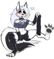  2026 4_toes absurd_res anthro black_toe_claws bottomwear breasts canid canid_demon canine claws cleavage clothed clothing collar demon dialogue english_text feet female foot_focus footwear fur hellaverse hellhound helluva_boss herro hi_res holding_clothing holding_footwear holding_object holding_socks humanoid_feet loona_(helluva_boss) mammal midriff mythological_canine mythological_creature mythology navel one_sock pawpads paws plantigrade plantigrade_pawpads red_sclera shorts simple_background socks soles solo spiked_collar spikes text toe_claws toeless_footwear toeless_socks toes white_background white_body white_fur 