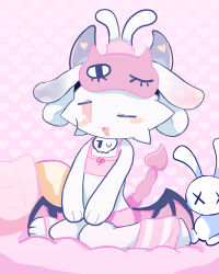  absurd_res accessory amoamo_(makemon) anthro blush breasts chibi clothing demon devil_connection female fur heterochromia hi_res hip_wings horn kemono kneeling looking_at_viewer makemon mammal one_eye_closed open_mouth unusual_wing_placement white_body white_fur wings wink winking_at_viewer xingyao_shine 